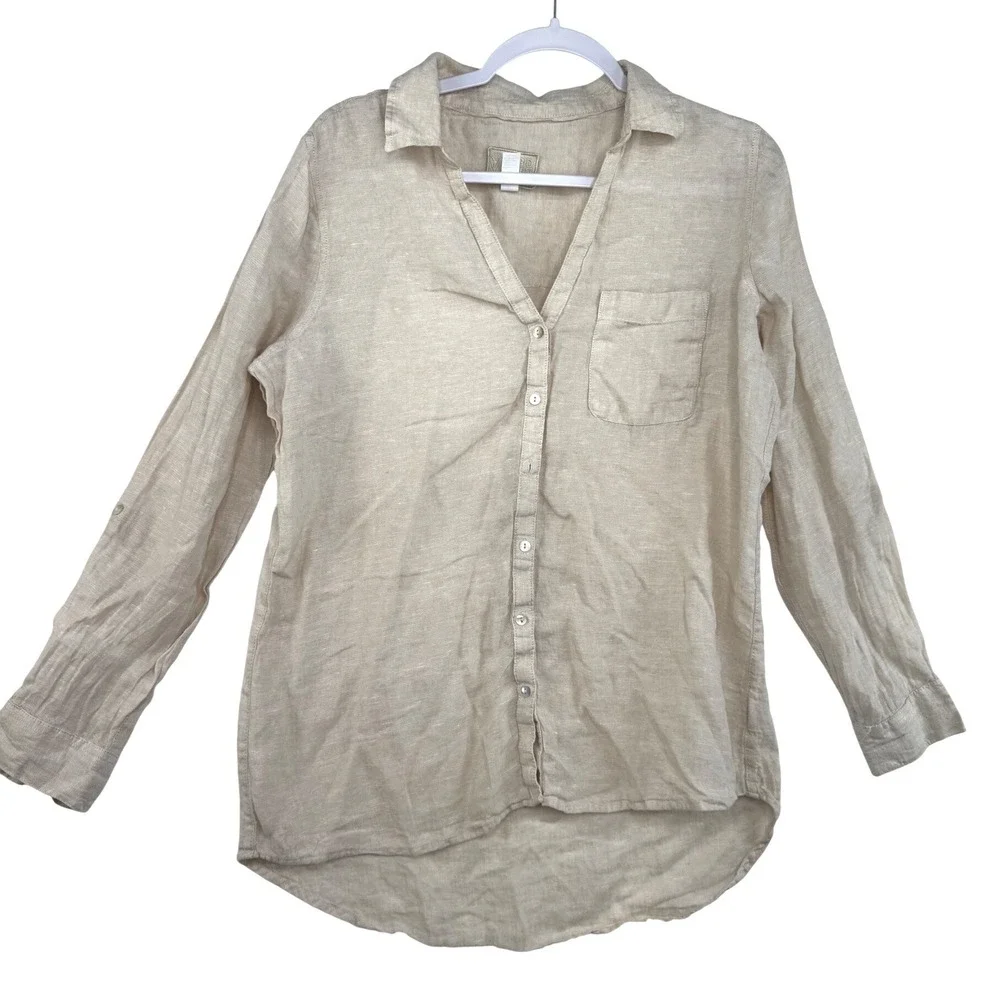 Sigrid Olsen Mens Oatmeal Beige 100% Linen Long Sleeve Button Down Shirt Size M